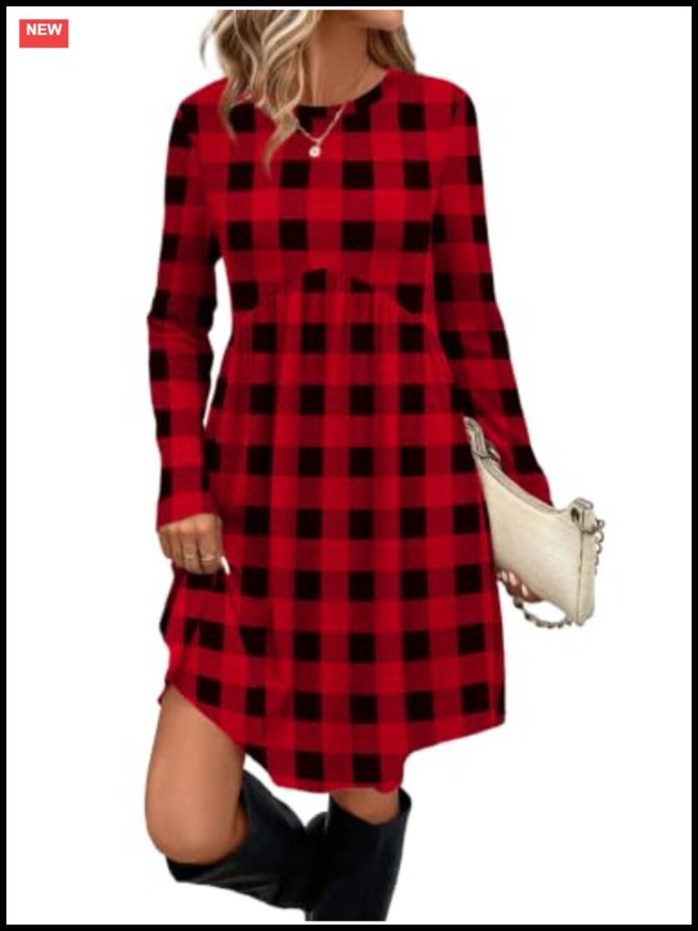 Long Sleeve Empire Waist Tunic Dress with Pockets Plaid